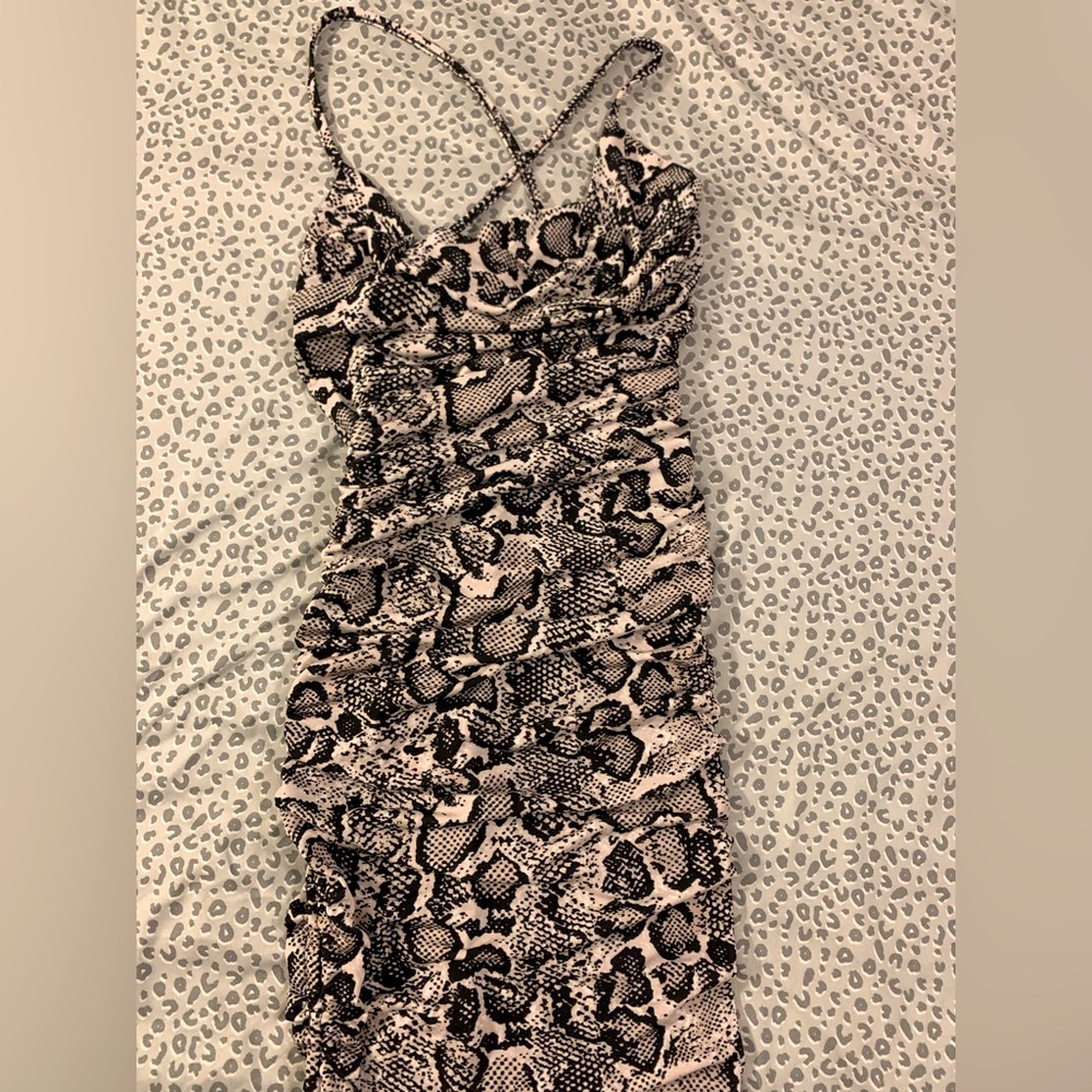Snake print midaxi rouched dress